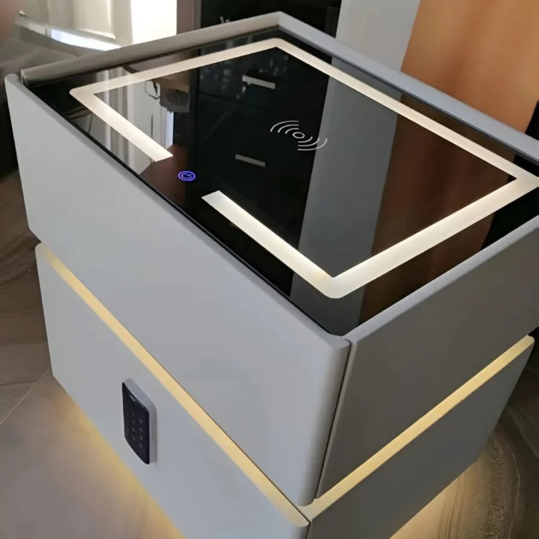 MESA DE NOCHE CON CONTRASEÑA, ALTAVOZ Y CARGADOR INALÁMBRICO