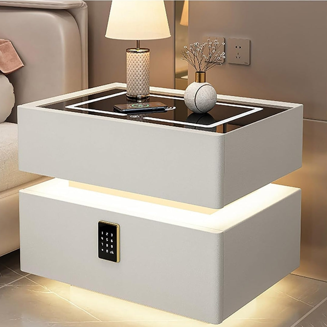 MESA DE NOCHE CON CONTRASEÑA, ALTAVOZ Y CARGADOR INALÁMBRICO