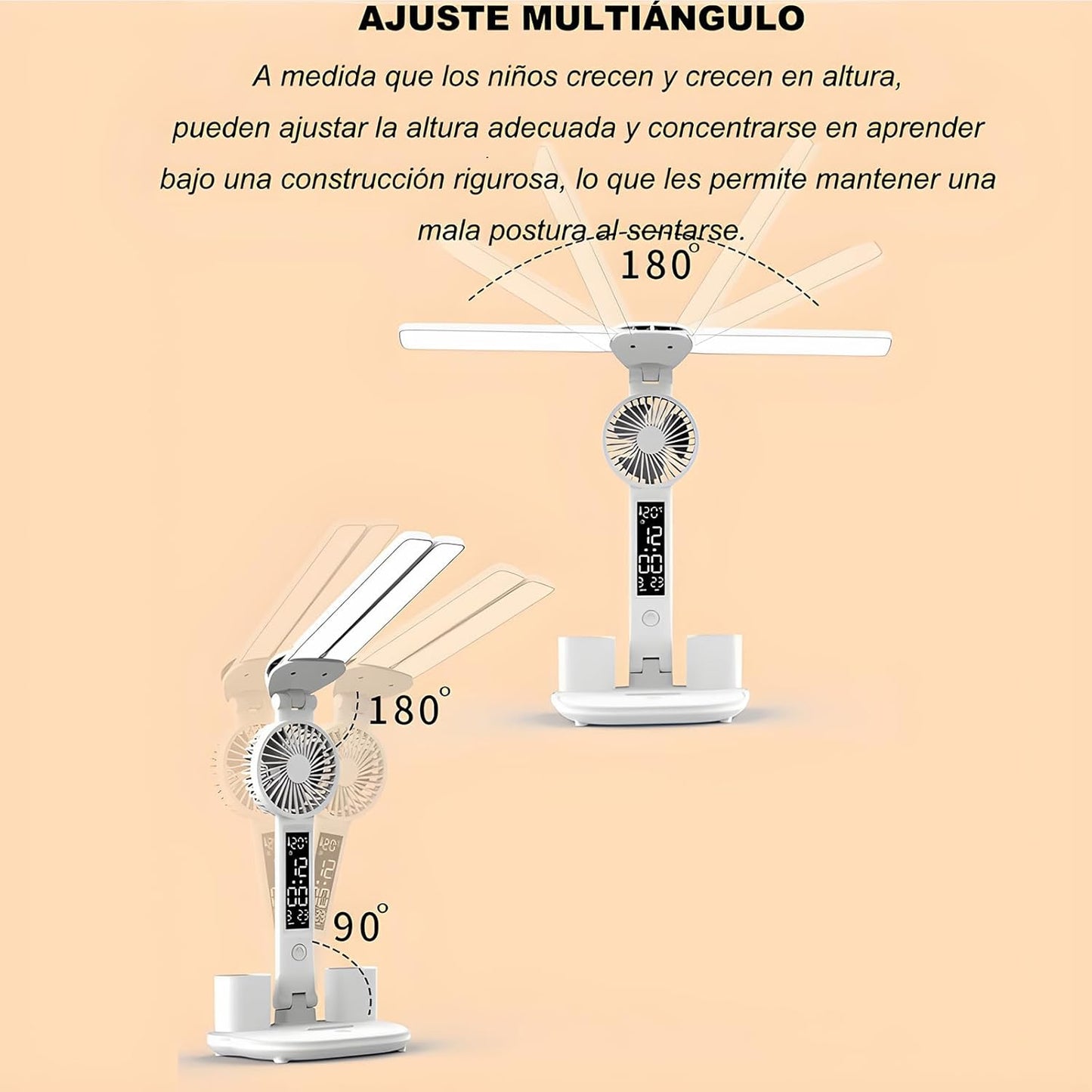 LÁMPARA DE ESCRITORIO CON VENTILADOR Y RELOJ 3 EN 1