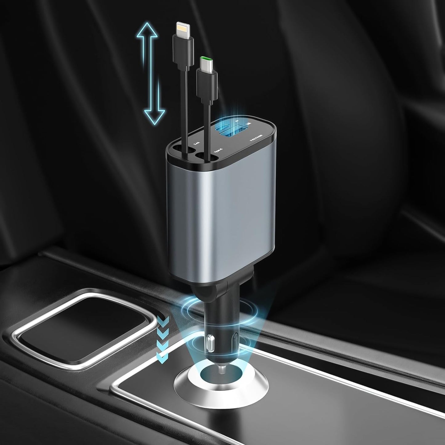 CARGADOR 4 EN 1 PARA CARRO CON CABLES RETRÁCTILES
