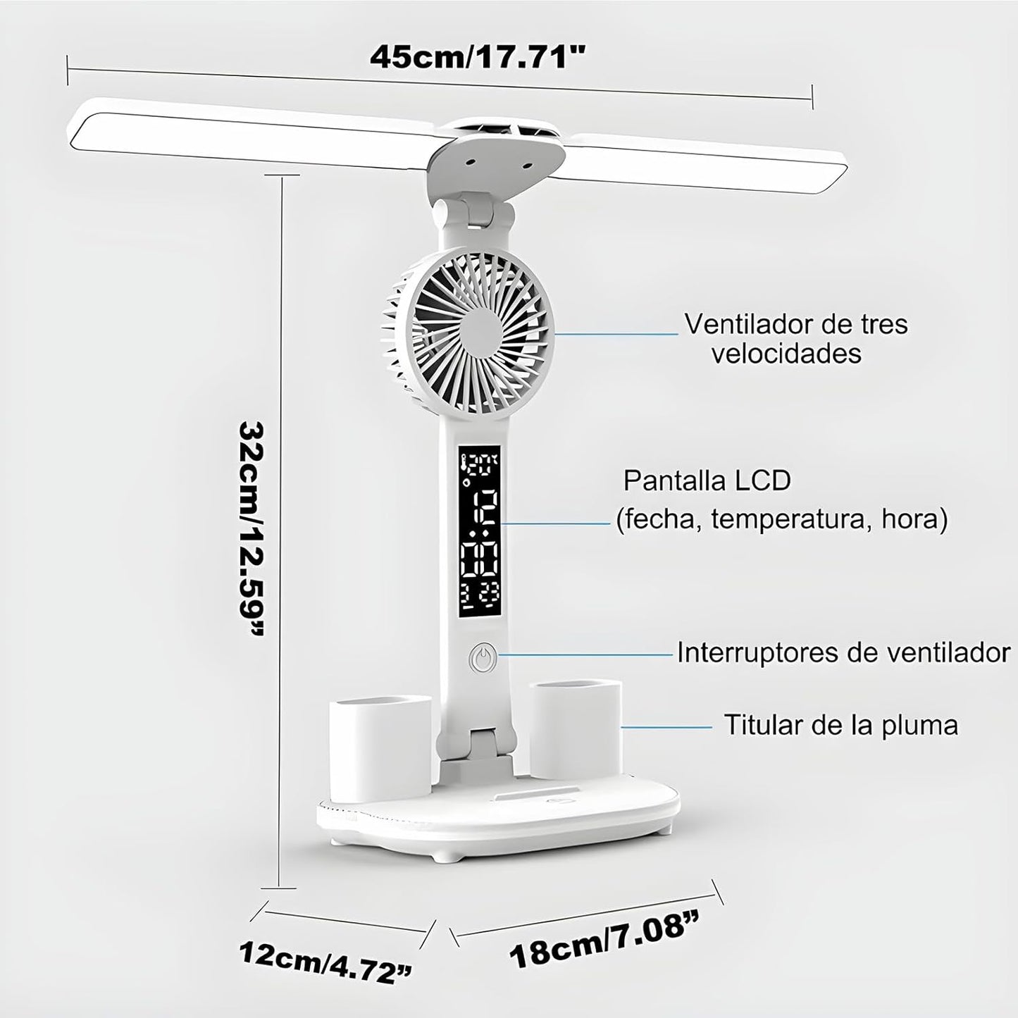 LÁMPARA DE ESCRITORIO CON VENTILADOR Y RELOJ 3 EN 1