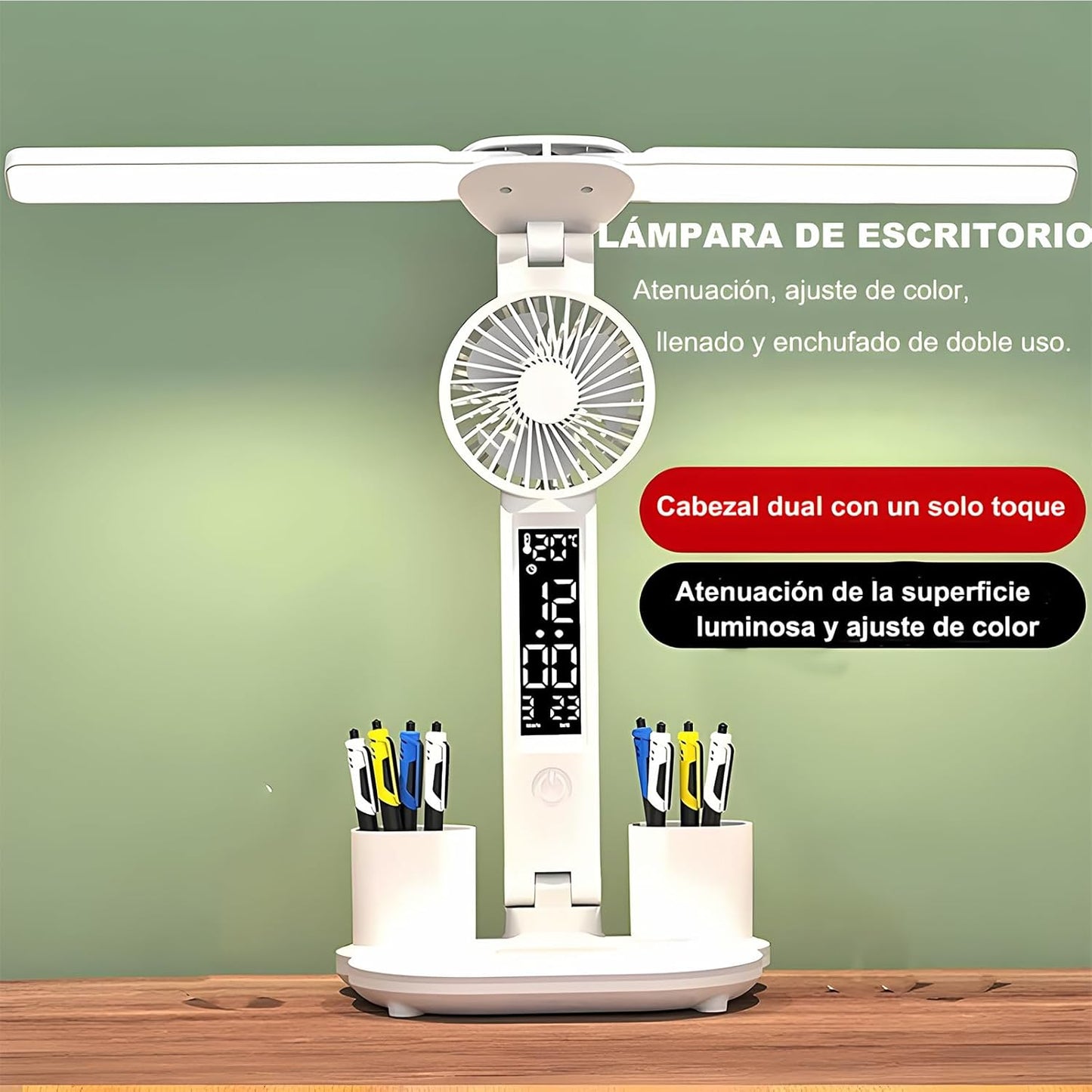 LÁMPARA DE ESCRITORIO CON VENTILADOR Y RELOJ 3 EN 1