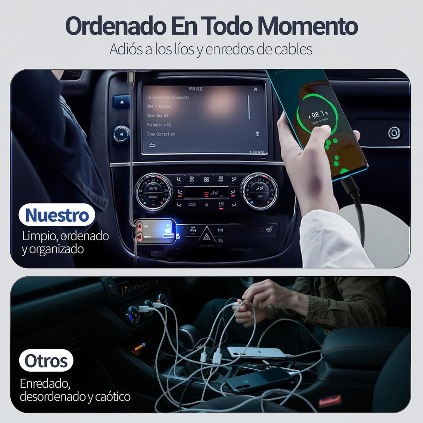 CARGADOR 4 EN 1 PARA CARRO CON CABLES RETRÁCTILES