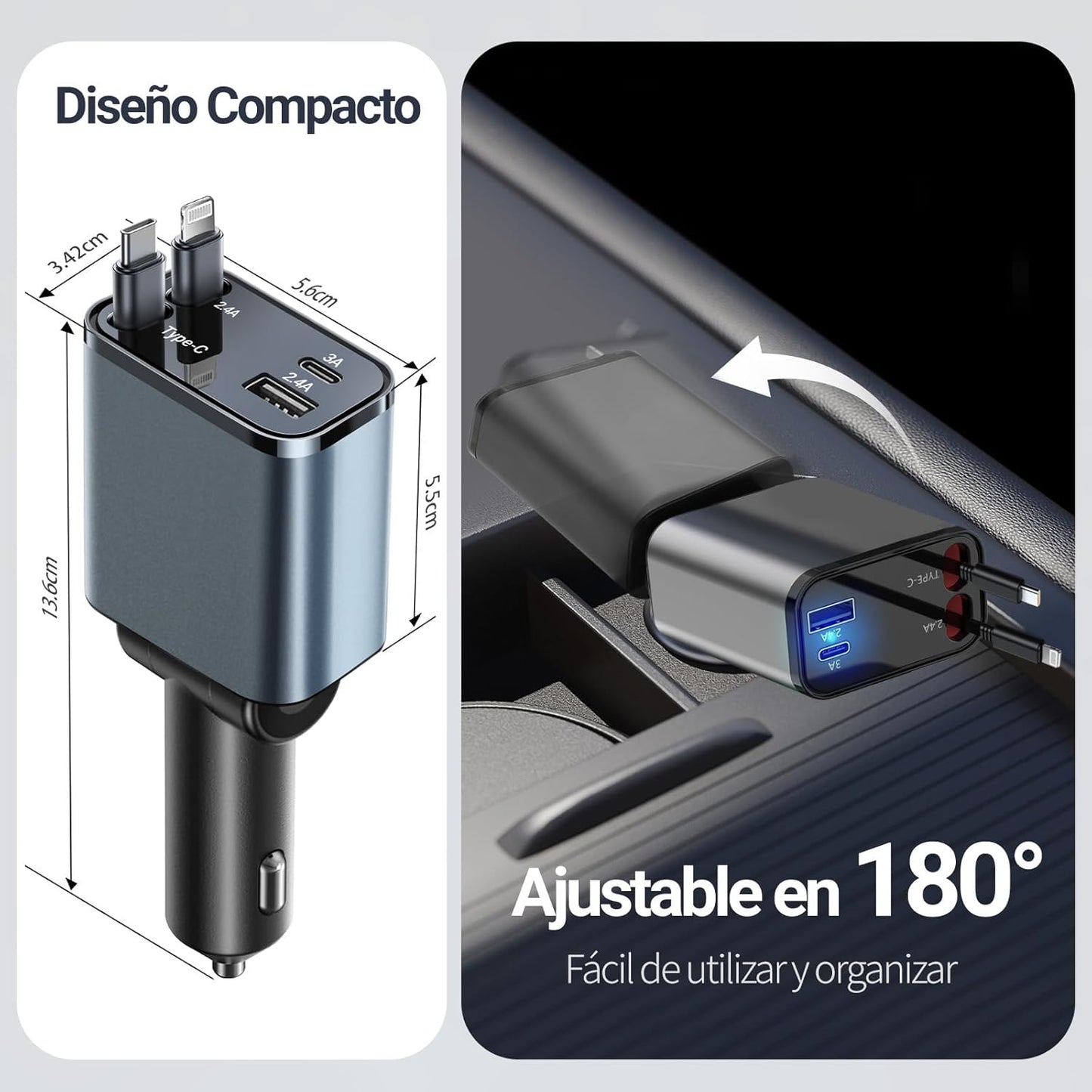 CARGADOR 4 EN 1 PARA CARRO CON CABLES RETRÁCTILES