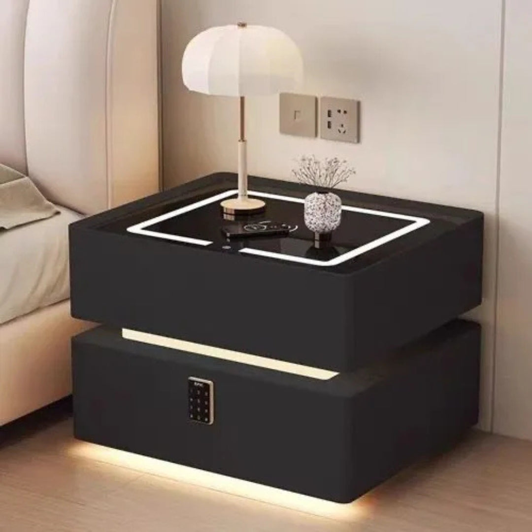 MESA DE NOCHE CON CONTRASEÑA, ALTAVOZ Y CARGADOR INALÁMBRICO