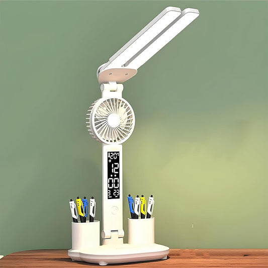 LÁMPARA DE ESCRITORIO CON VENTILADOR Y RELOJ 3 EN 1