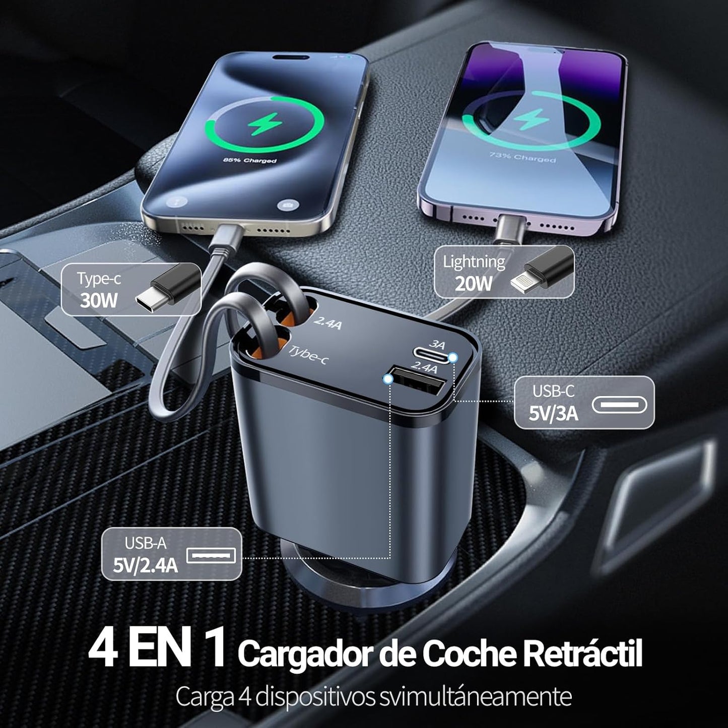 CARGADOR 4 EN 1 PARA CARRO CON CABLES RETRÁCTILES