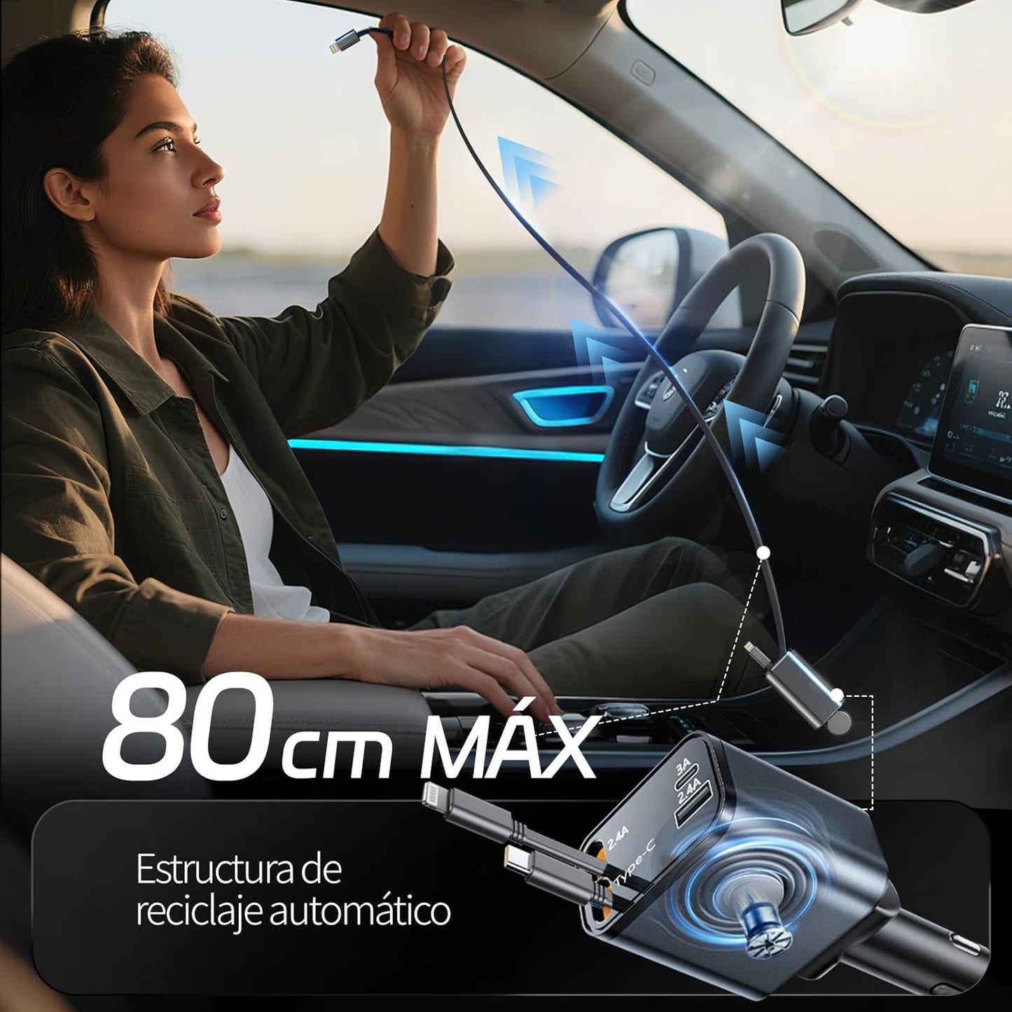 CARGADOR 4 EN 1 PARA CARRO CON CABLES RETRÁCTILES