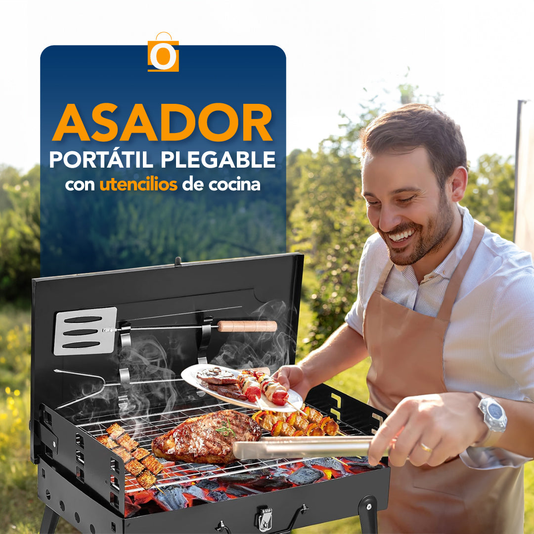 ASADOR PORTÁTIL PLEGABLE  CON  UTENSILIOS DE COCINA