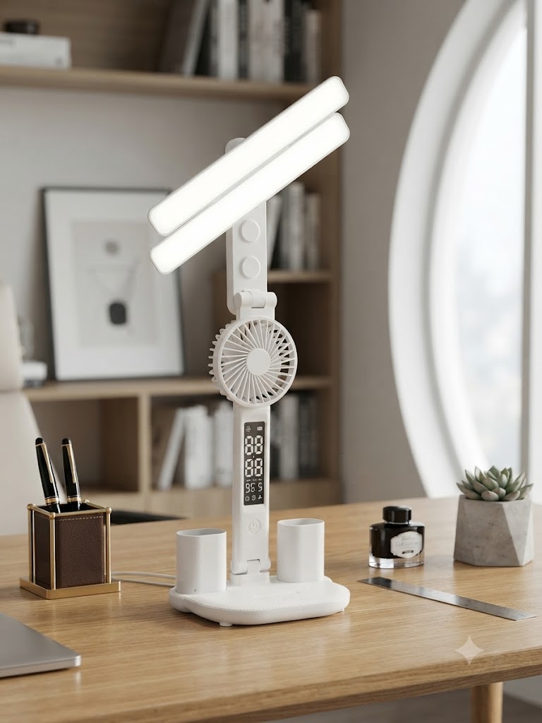 LÁMPARA DE ESCRITORIO CON VENTILADOR Y RELOJ 3 EN 1